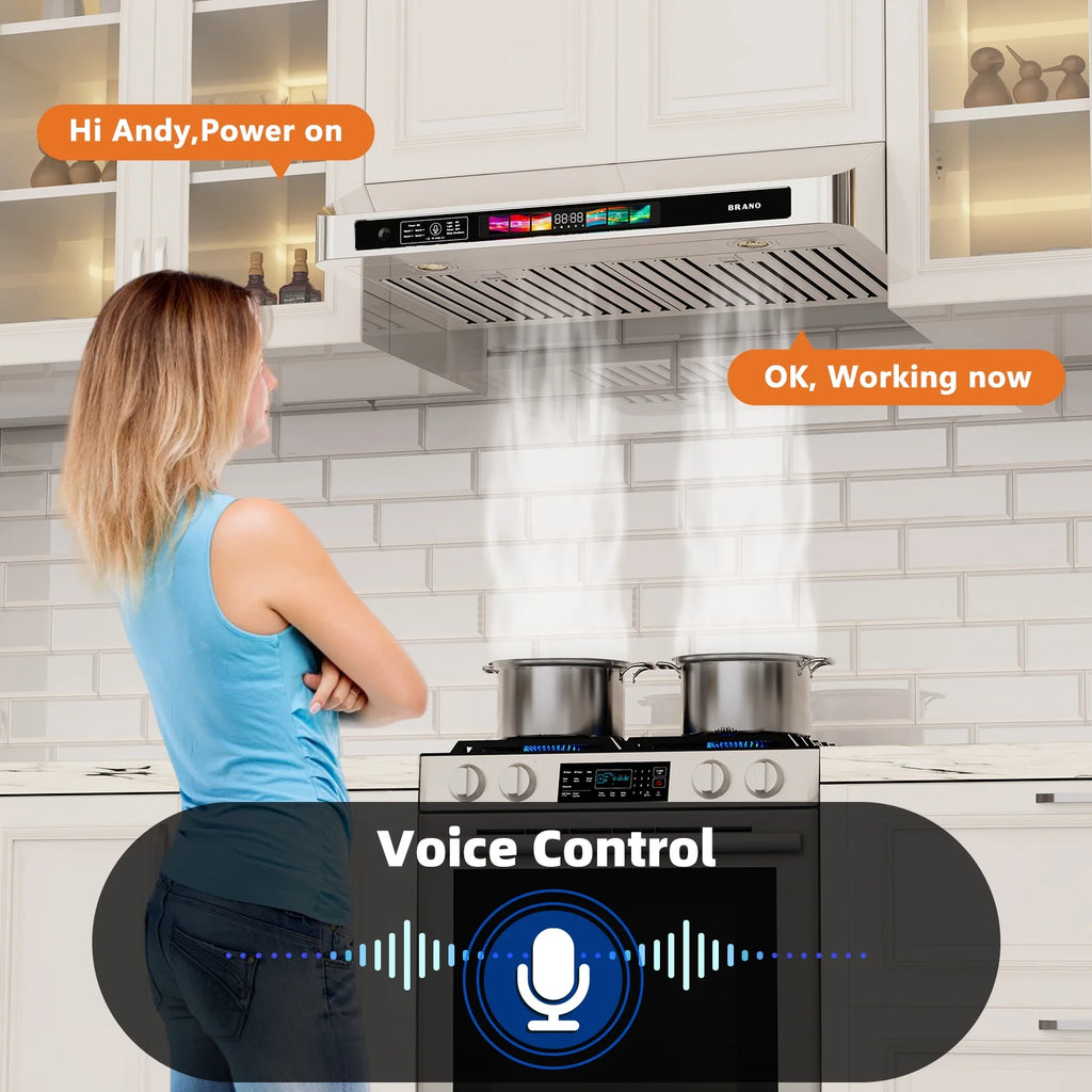 Brano 30 Inch 900 CFM Ducted Under Cabinet Range Hood in Stainless Steel with Voice, Gesture, and Touch Control