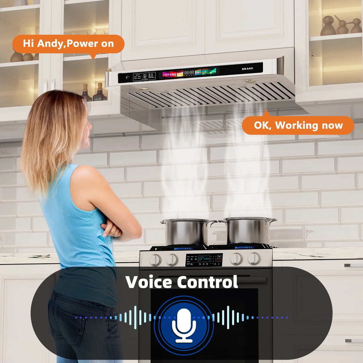 Brano 30 Inch 900 CFM Ducted Under Cabinet Range Hood in Stainless Steel with Voice, Gesture, and Touch Control