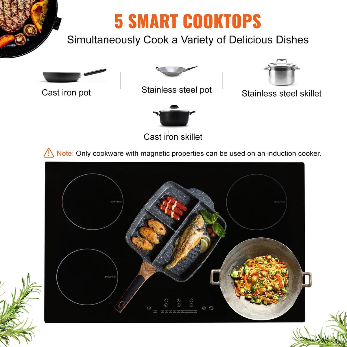 Choco Moon Induction Cooktop 5 Burners, 30'' Stove Top, Built-in Magnetic 9200W, 9 Heat Levels, LED Touch Screen, Child Lock, Over-Temp Protection, Easy Cooking