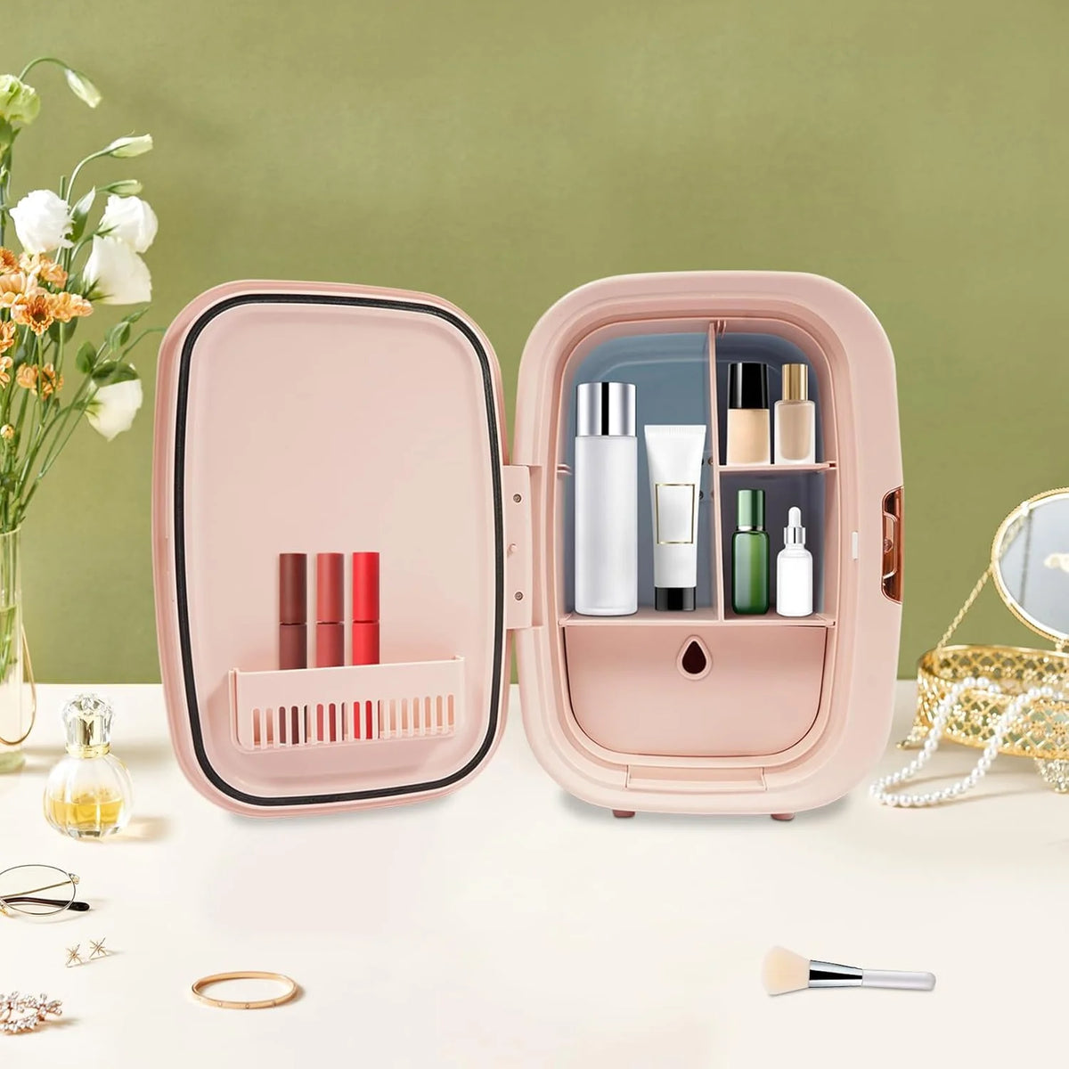 Skincare Fridge 12.68Qt, Cooler & Warmer, Portable Compact Fridge for Cosmetics Skin Care and Food for Bedroom Office Car Dorm (Pink)