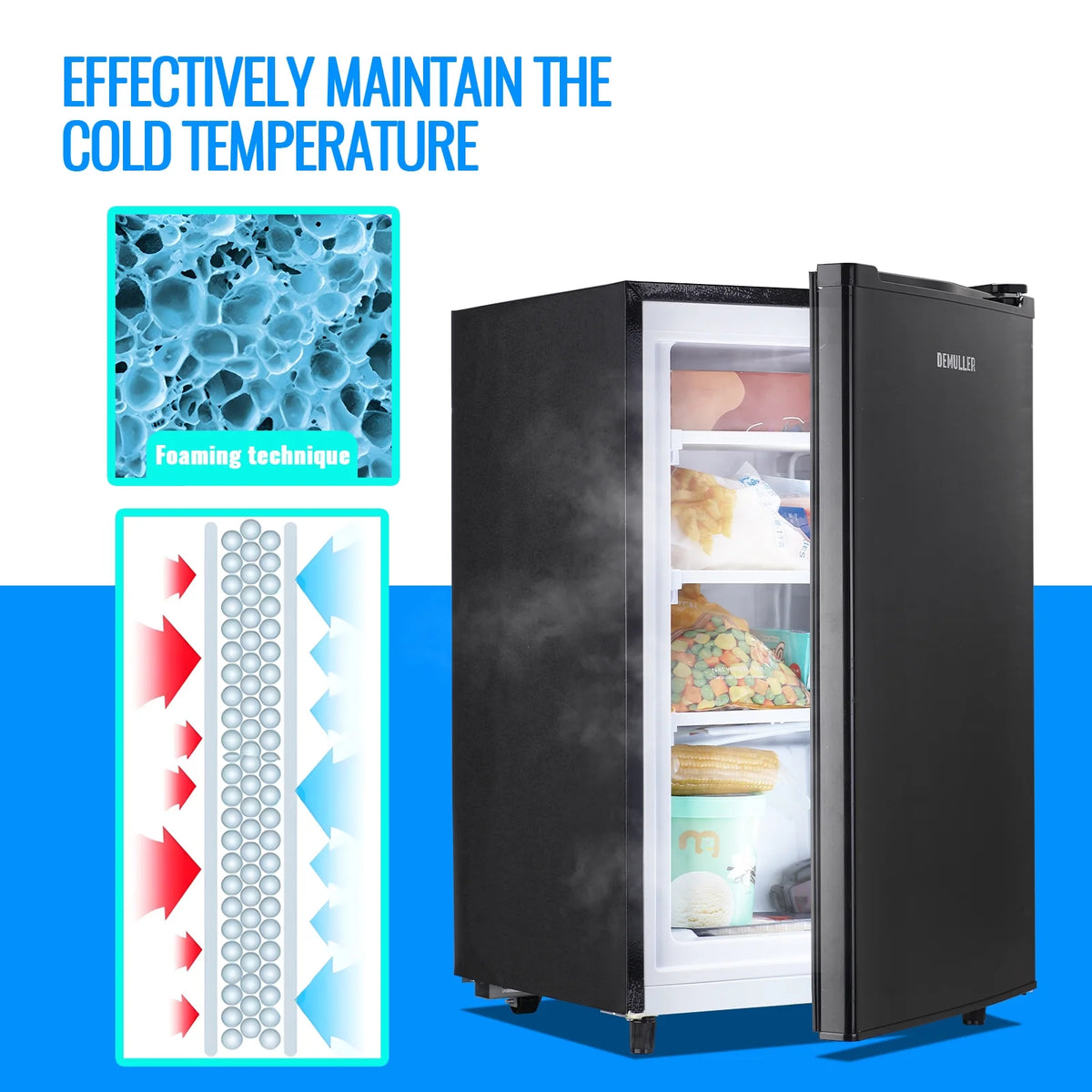 DEMULLER Upright Freezer with 7 Adjustable Thermostat Stand-up Single Door Freezers Black