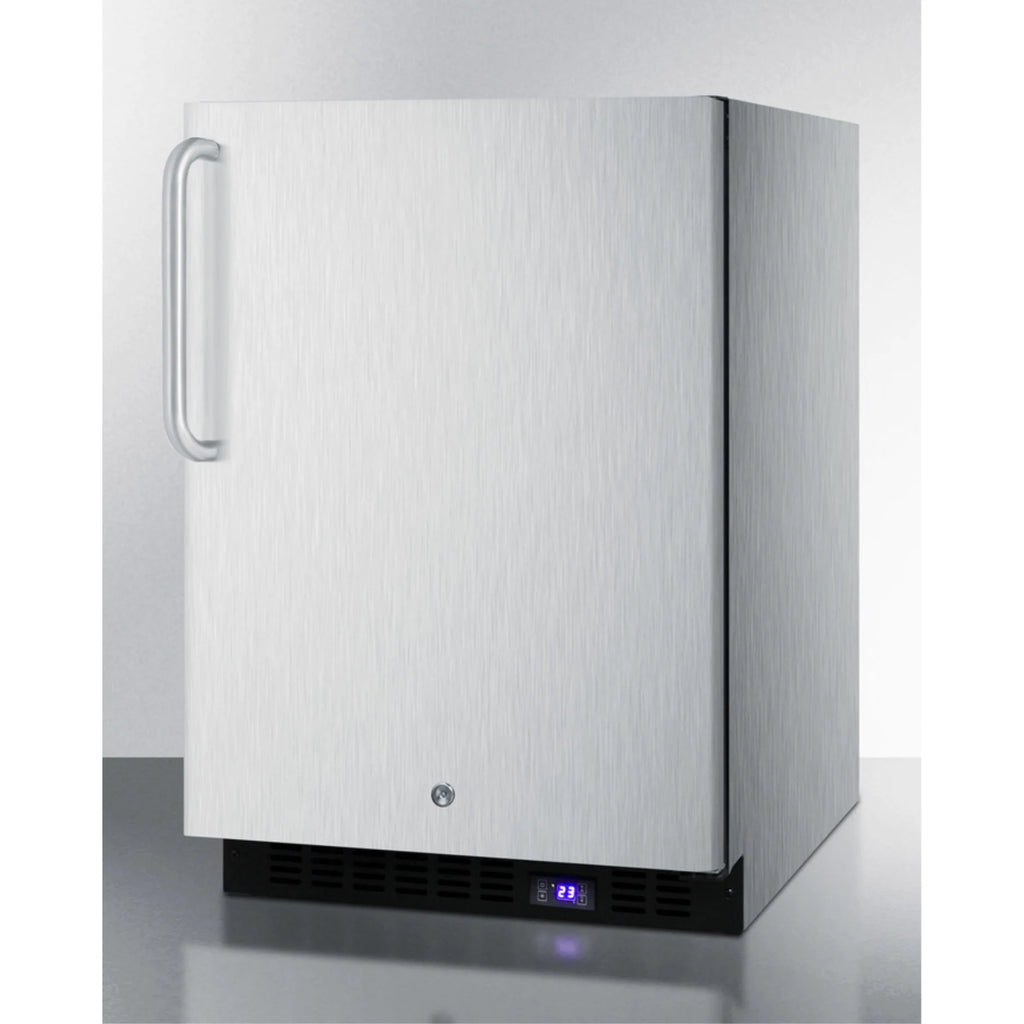 Frost-free outdoor all-freezer in complete stainless steel, w/digital thermostat, LED lighting, towel bar handle, and lock; built-in or freestanding