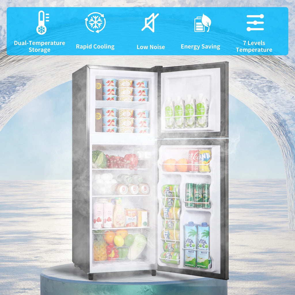 4.5 Cu.ft Compact Refrigerator 2 Door with Freezer,7 Adjustable Thermostat & 4 Removable Glass Shelves,Large Size Refrigerator for Garage/Bedroom/Kitchen/Apartment and Office,Grey
