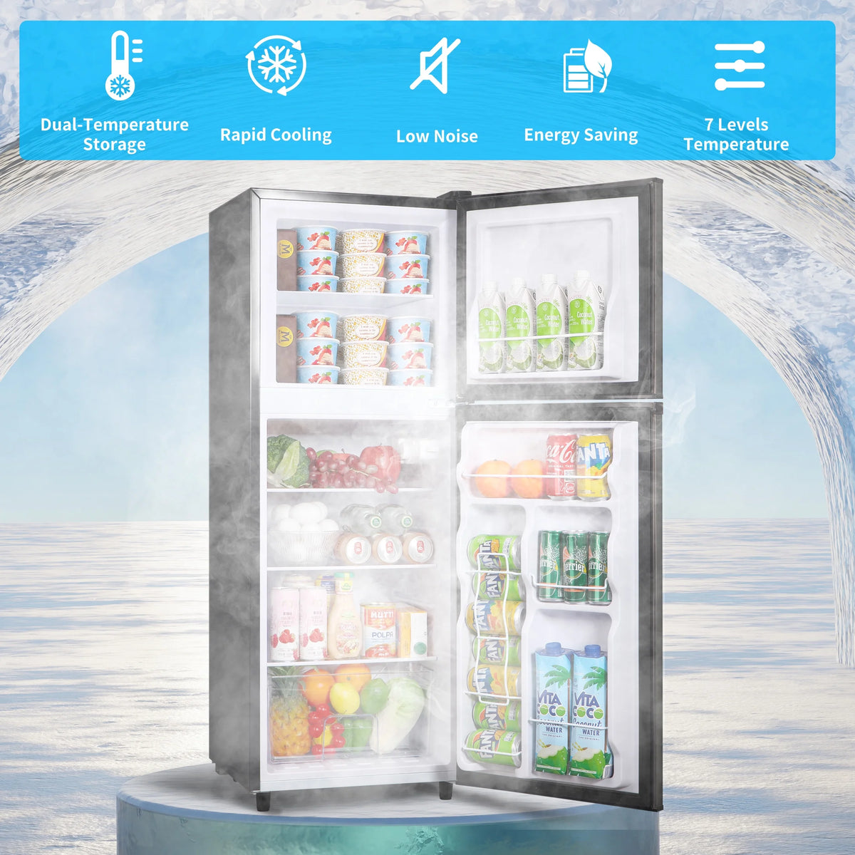 4.5 Cu.ft Compact Refrigerator 2 Door with Freezer,7 Adjustable Thermostat & 4 Removable Glass Shelves,Large Size Refrigerator for Garage/Bedroom/Kitchen/Apartment and Office,Grey