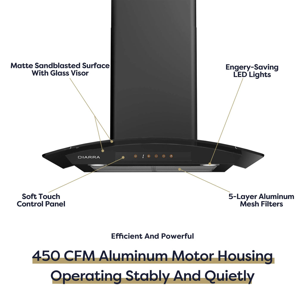 CIARRA Wall Mount Range Hood 30 inch with Tempered Glass 450 CFM Kitchen Vent Hood Ductless Ducted Convertible CAS50275