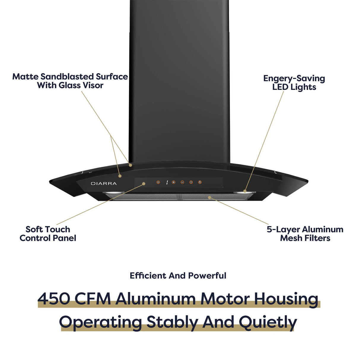 CIARRA Wall Mount Range Hood 30 inch with Tempered Glass 450 CFM Kitchen Vent Hood Ductless Ducted Convertible CAS50275