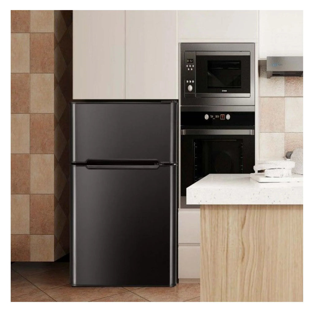 3.2 cu ft Compact Refrigerator - Stainless Steel Mini Fridge with Freezer, Adjustable Thermostat, and Can Dispenser - Ideal for Dorms, Apartments, Wet Bars