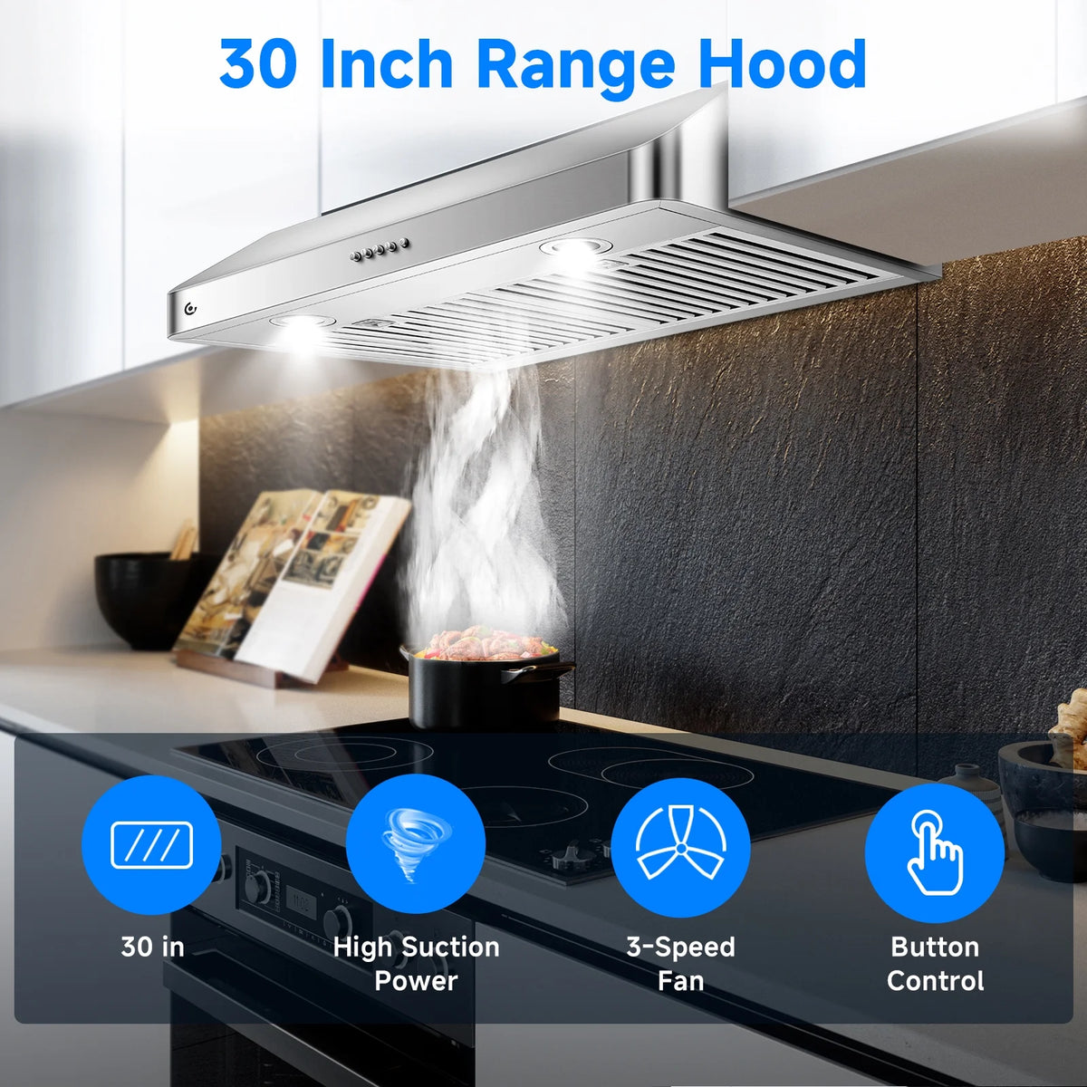 AMZCHEF Under Cabinet Range Hood 30 Inch, 750CFM Wall Mount Range Hood with 3 Speed Kitchen Exhaust Fan, Button Control, AC Motor
