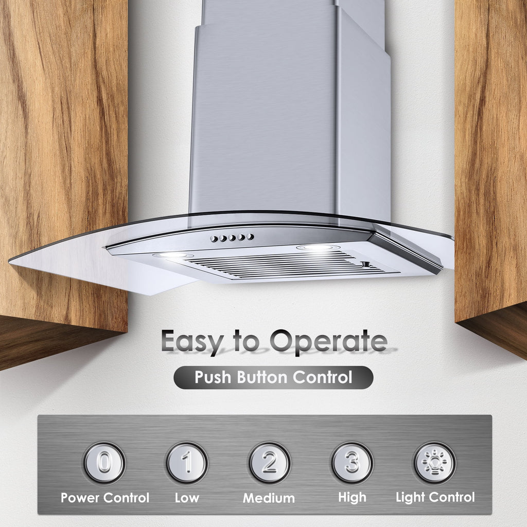 30 inch 450CFM Wall Mount Range Hood Tempered Glass 3-Speed Fan Button Control Baffle Filters