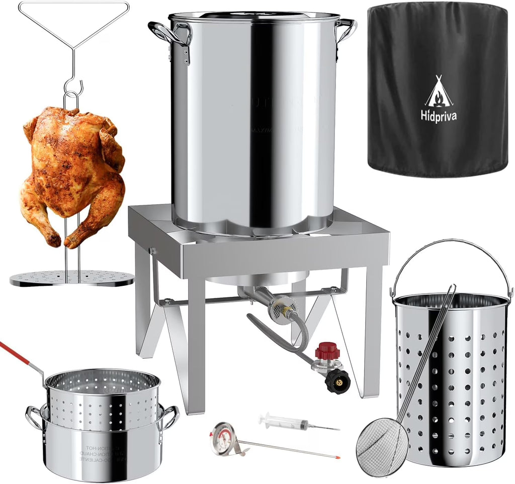 30QT Stainless Steel Turkey Fryer Kit, Stainless Steel Stand with 55,000BTU Propane Burner Stove, Waterproof Cover & Skimmer, Turkey Deep Fryer Pot, Outdoor Fish Fryer, Crawfish Boiler