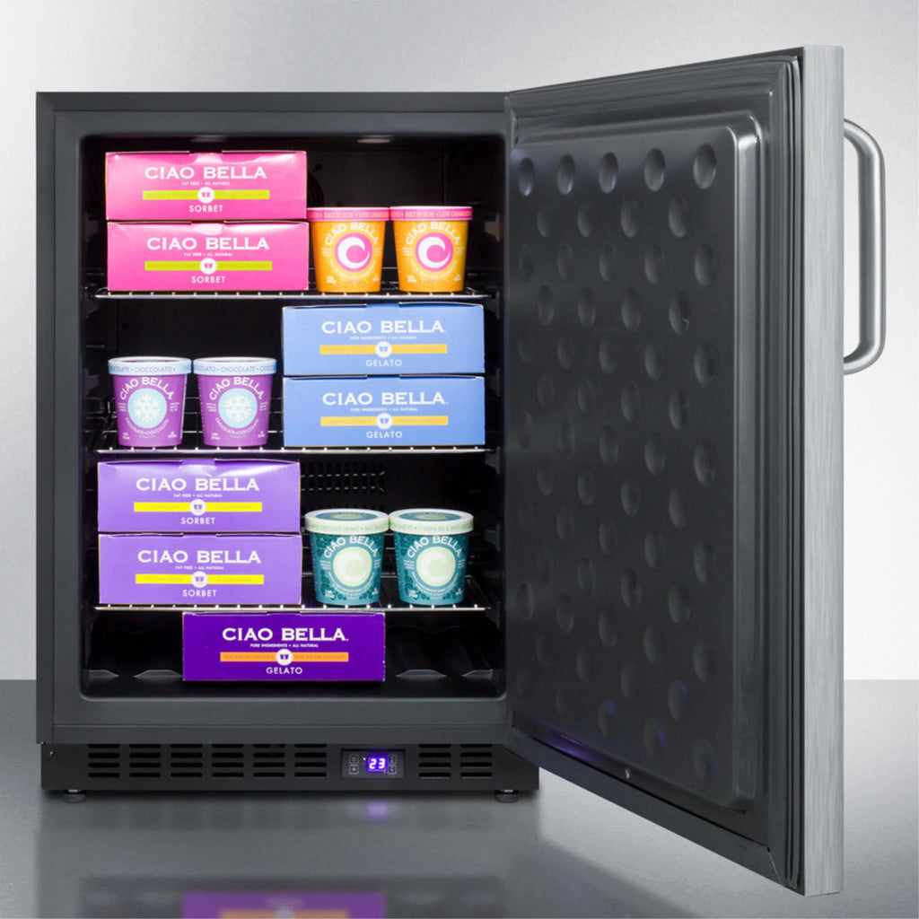 Frost-free outdoor all-freezer in complete stainless steel, w/digital thermostat, LED lighting, towel bar handle, and lock; built-in or freestanding