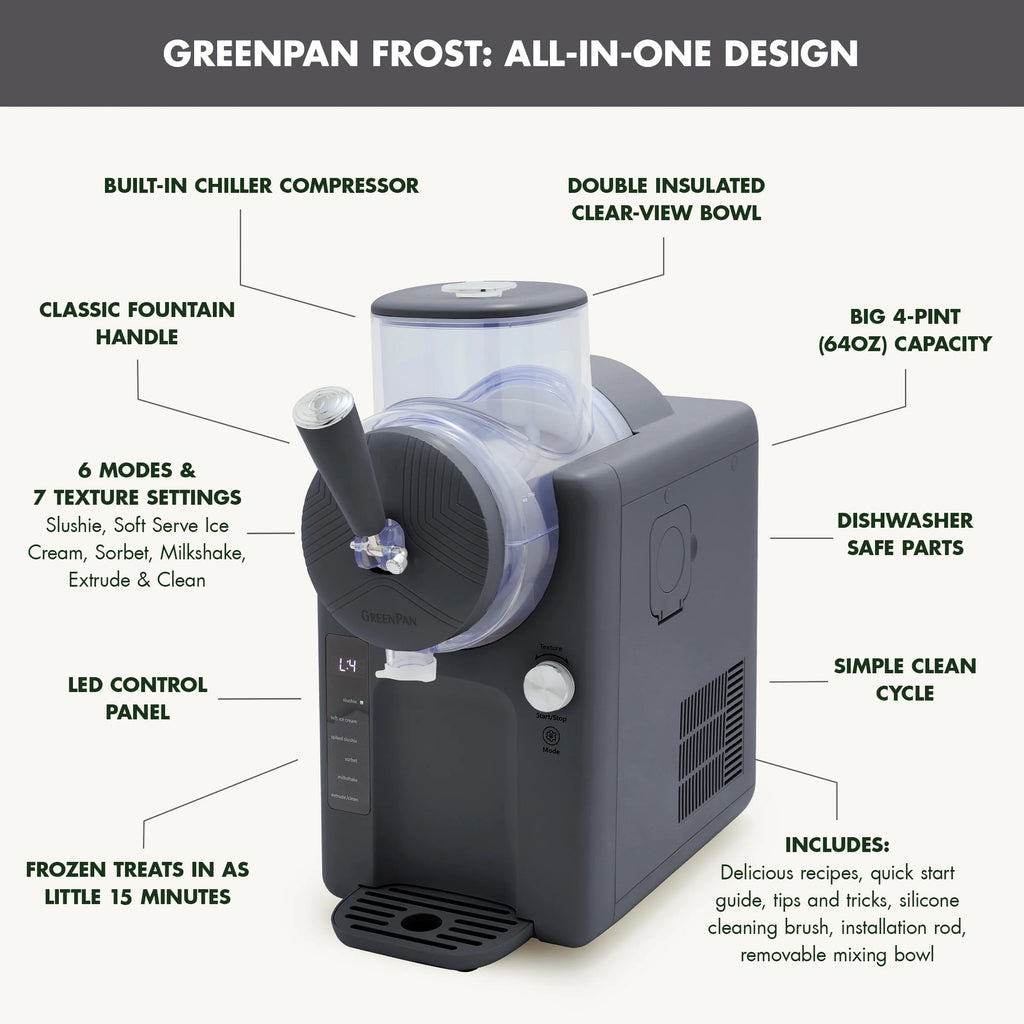 GreenPan Frost 6 Mode, Ice Cream, Frozen Drink, Slushie & Milk Shake Maker, No Freezer Needed, Easy Clean Parts, Gray