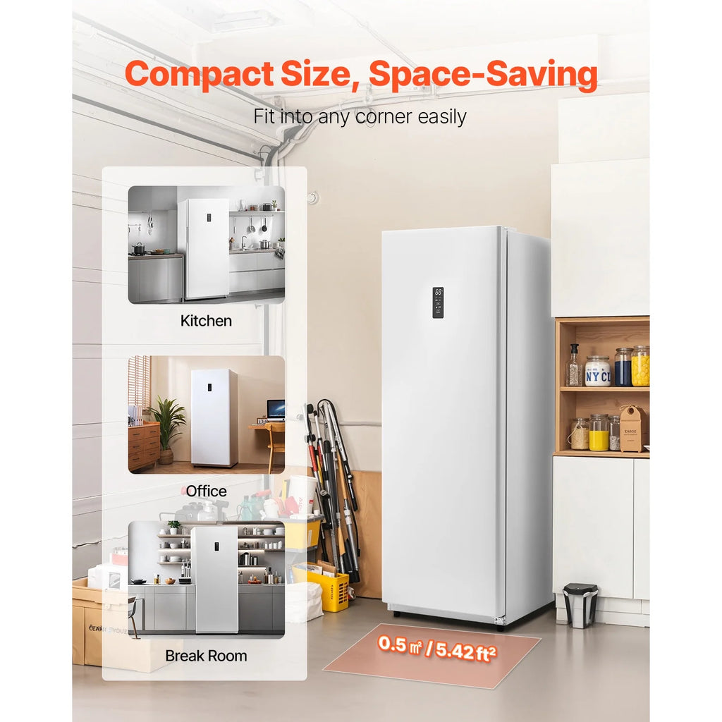 KFFKFF Convertible Upright Freezer/Refrigerator, 14 Cu.Ft Frost-Free Unit with Temperature Control, Door Alarm, Adjustable Shelves, and LED Lighting for Kitchen, Office, or Garage Use