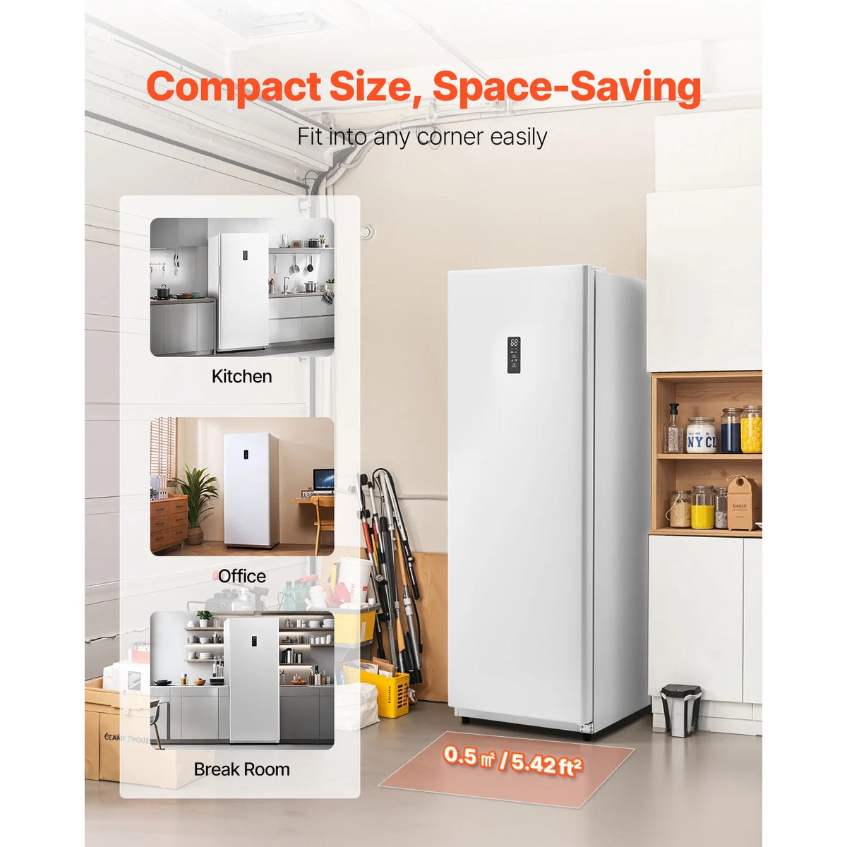 KFFKFF Convertible Upright Freezer/Refrigerator, 14 Cu.Ft Frost-Free Unit with Temperature Control, Door Alarm, Adjustable Shelves, and LED Lighting for Kitchen, Office, or Garage Use