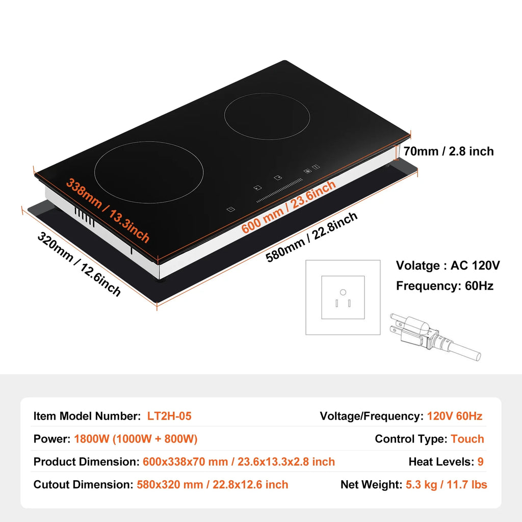 KFFKFF 24" Electric Cooktop, 2 Burner Built-in Ceramic Cooktop1800W with Touch Controls, Glass Panel, Timer, Safety Lock, 9 Temperature Settings, Heat Warning Light, 120V