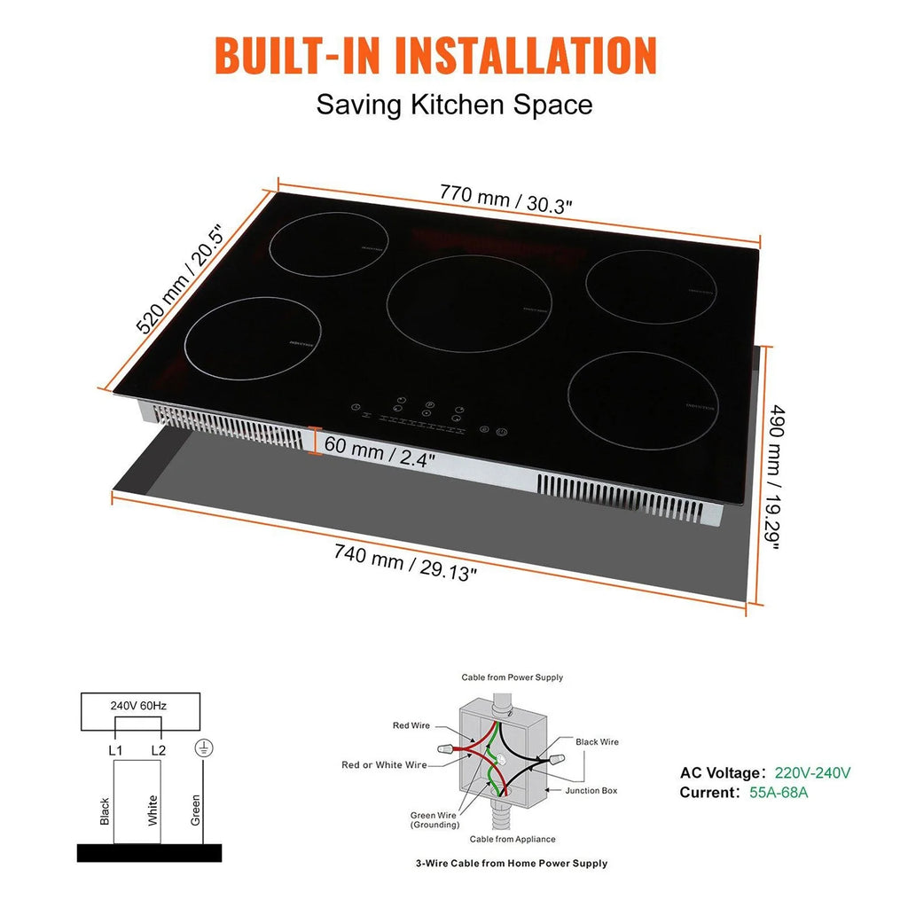Choco Moon Induction Cooktop 5 Burners, 30'' Stove Top, Built-in Magnetic 9200W, 9 Heat Levels, LED Touch Screen, Child Lock, Over-Temp Protection, Easy Cooking