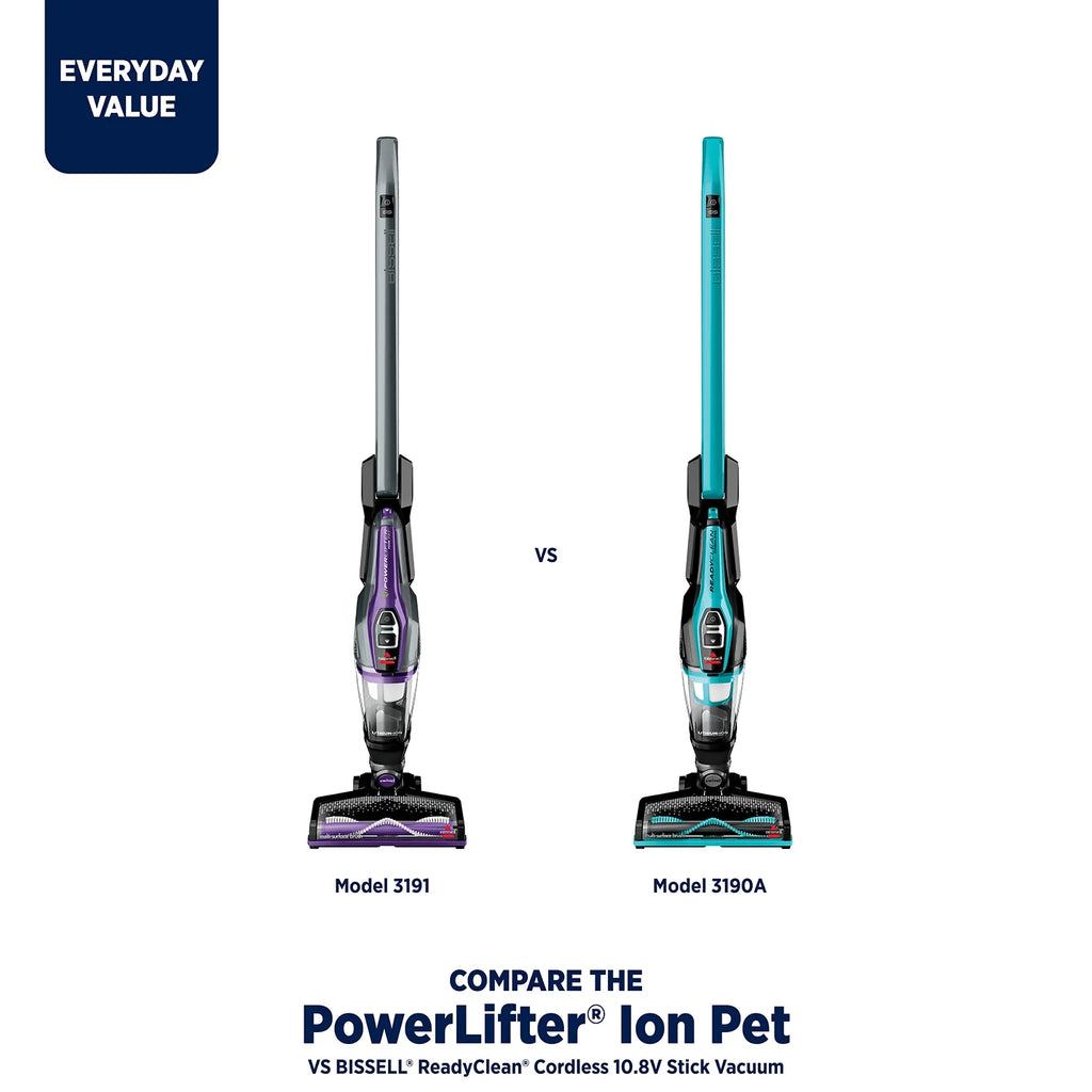 BISSELL PowerLifter Ion Pet Cordless Stick Vacuum, Carpet, Area Rugs, Hard Floor, Upholstery, 2 Way Fold Handle, Freestanding, Removeable Hand Vac, 3191, Purple