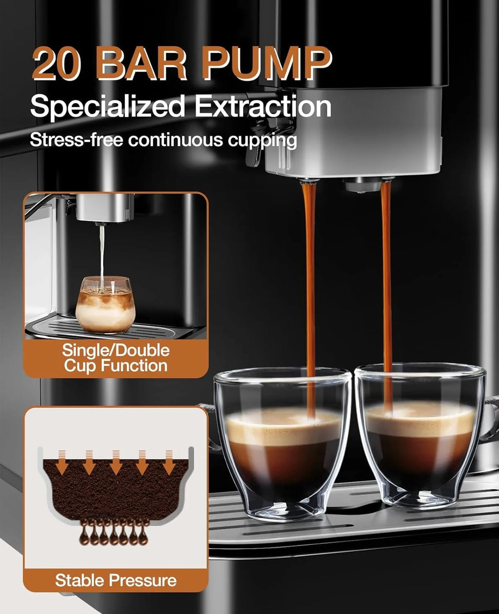 WALYWIK Fully Automatic Espresso Machine with Built-In Adjustable Grinder, Milk Frother, 20-Bar Pump, 1.5L Water Tank, Touch Panel Control for Espresso, Latte & Cappuccino �?Black