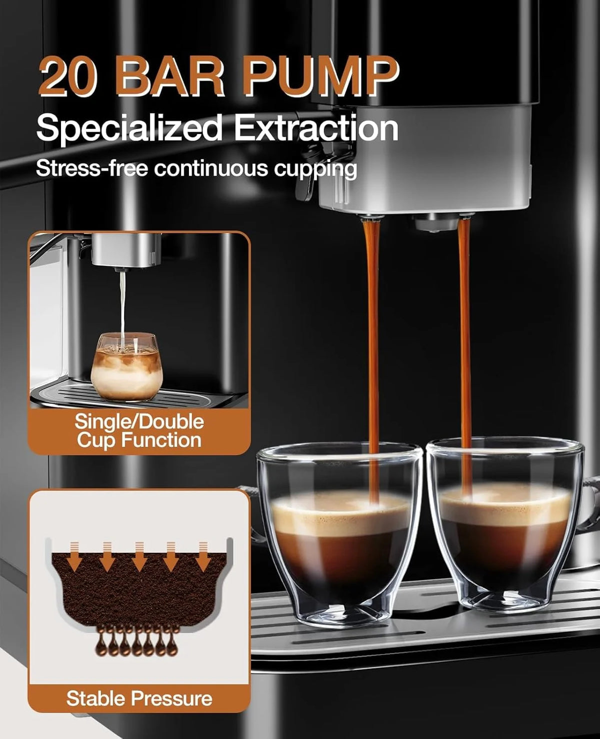 WALYWIK Fully Automatic Espresso Machine with Built-In Adjustable Grinder, Milk Frother, 20-Bar Pump, 1.5L Water Tank, Touch Panel Control for Espresso, Latte & Cappuccino �?Black