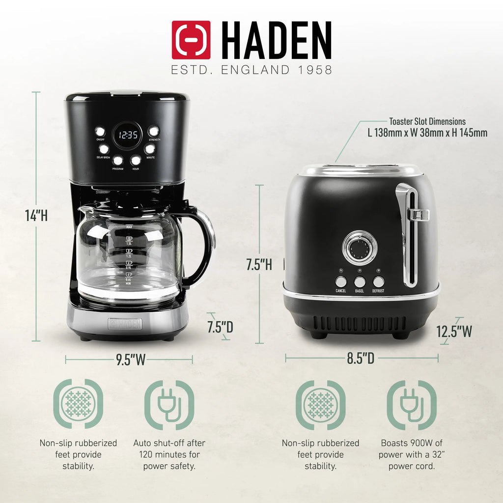 Haden 12 Cup Coffee Maker with 2 Slice Stainless Steel Bread Toaster, White