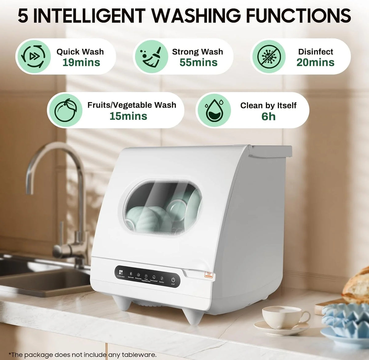 1200W Portable Mini Countertop Dishwasher, 110V Table Top Dishwasher with 5 Wash Programs & Display, Freestanding Automatic Dishwasher for Apartment/Office/Kitchen/RVS, White