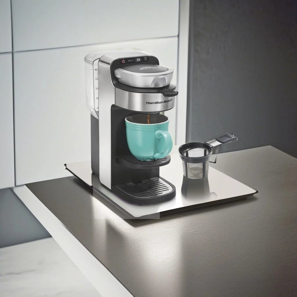 The Scoop Single Serve Coffee Maker & Fast Grounds Brewer for 8-14oz. Cups, Brews in Minutes, 40oz. Removable Reservoir, Stainless Steel (49987),Silver