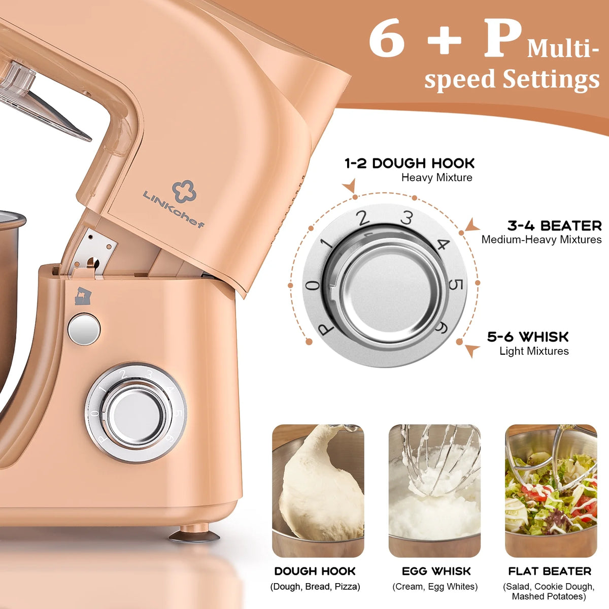 LINKChef Stand Mixer, 5.3QT 800W 6+P Speeds with Whisk, Dough Hook and Beater (White)