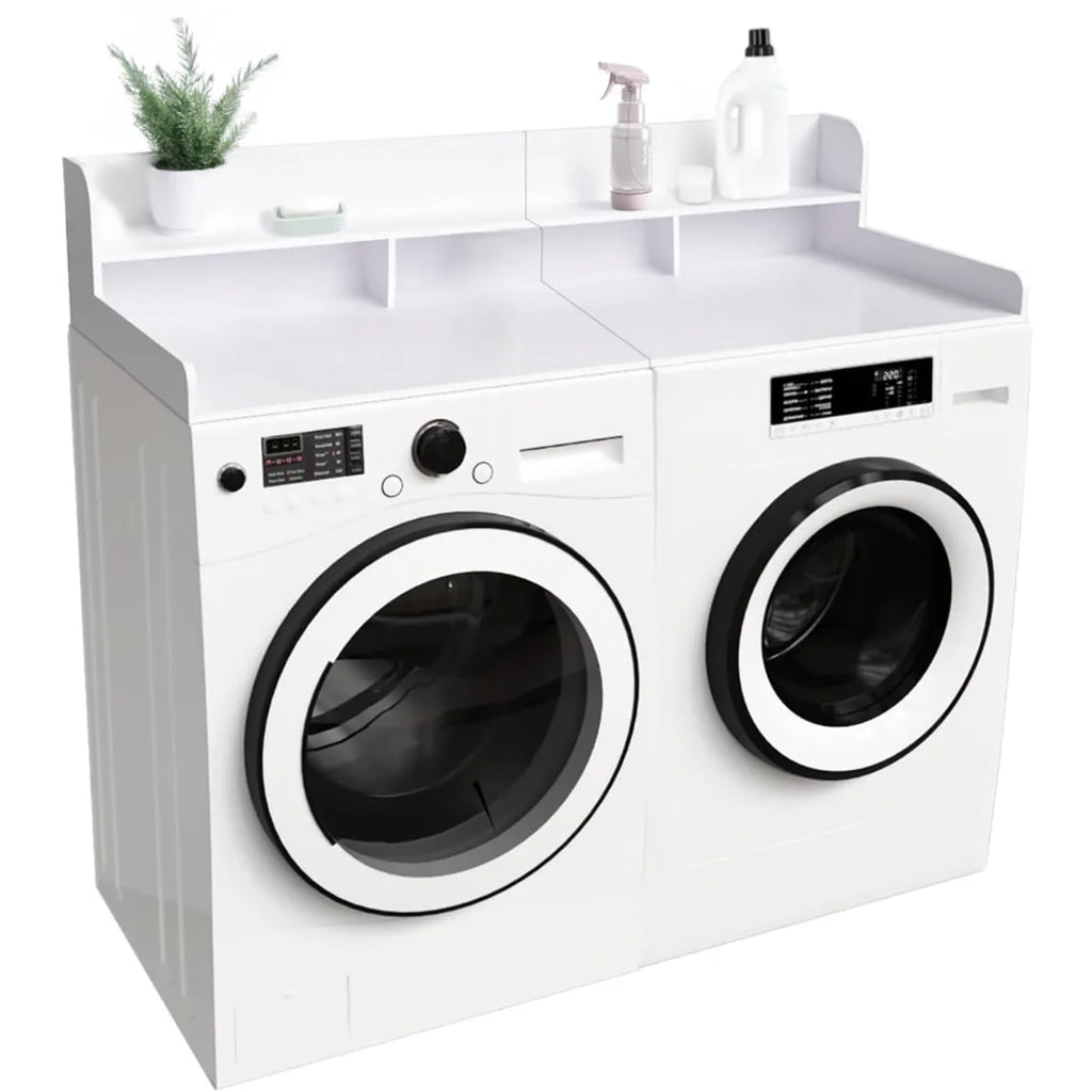 Wood 2-Tier Washer Dryer Countertop with 2.75" H Guard Rails, 54" W x 27.5" D Washer Dryer Topper with Non-Slip Pads for Laundry Room Organization and Storage, White