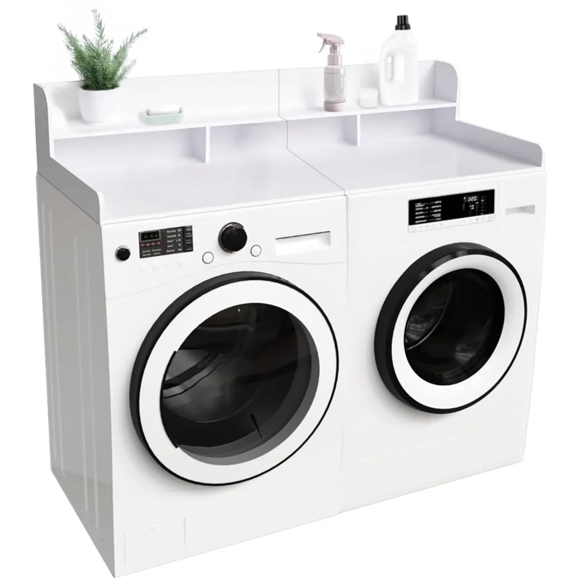 Wood 2-Tier Washer Dryer Countertop with 2.75" H Guard Rails, 54" W x 27.5" D Washer Dryer Topper with Non-Slip Pads for Laundry Room Organization and Storage, White