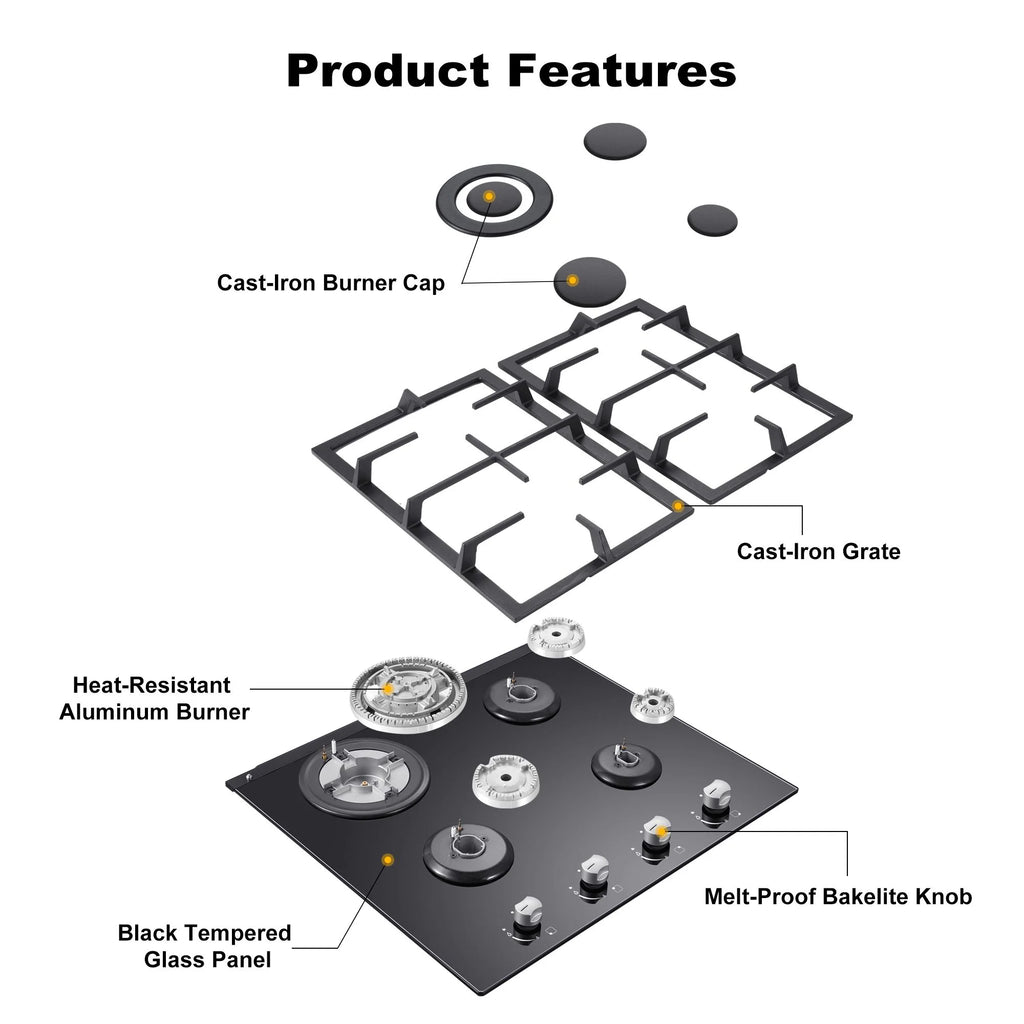Amzgachfktch 4 Burners 24 inch Gas Cooktop Stainless Tempered Glass Natural Gas/LPG Convertible