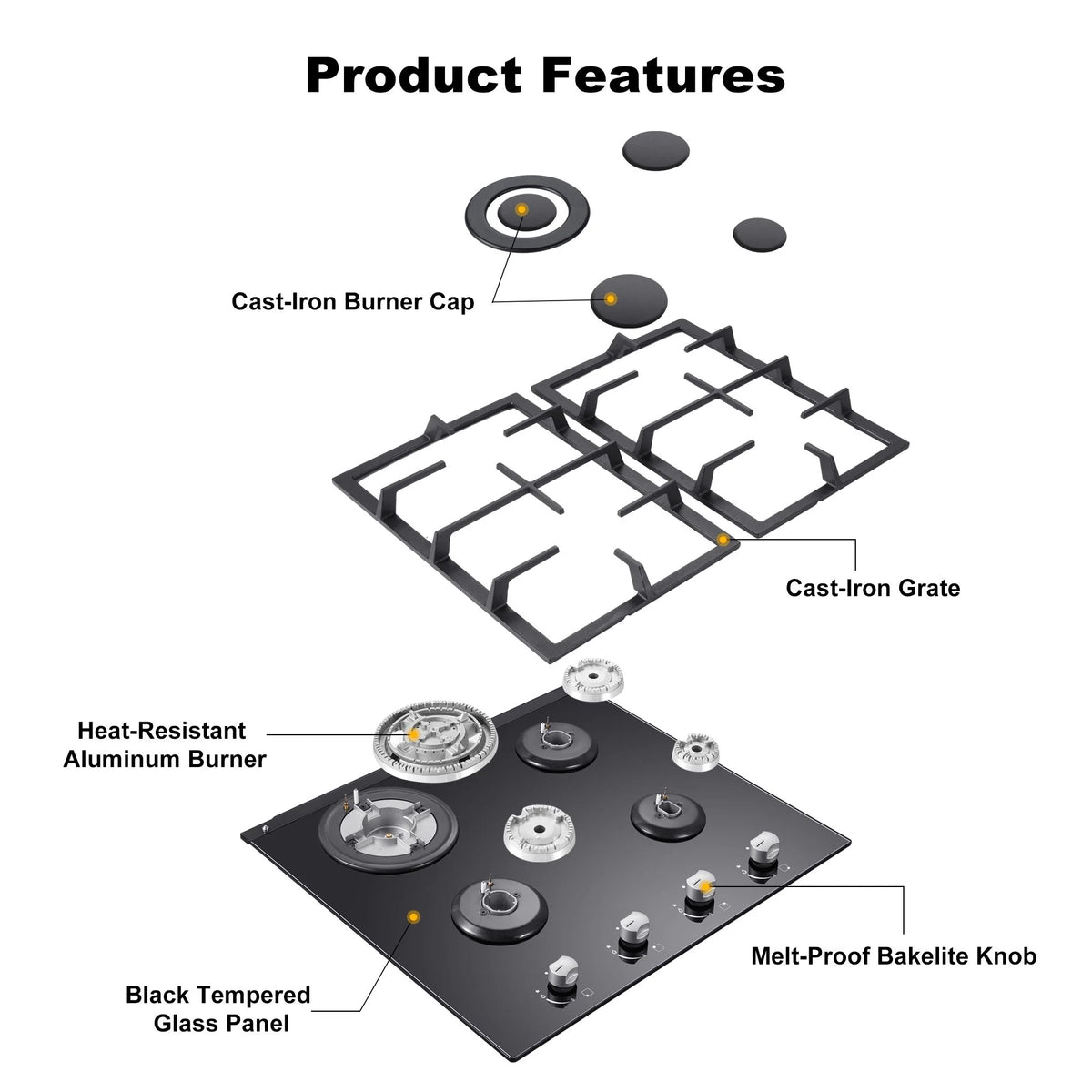 Amzgachfktch 4 Burners 24 inch Gas Cooktop Stainless Tempered Glass Natural Gas/LPG Convertible