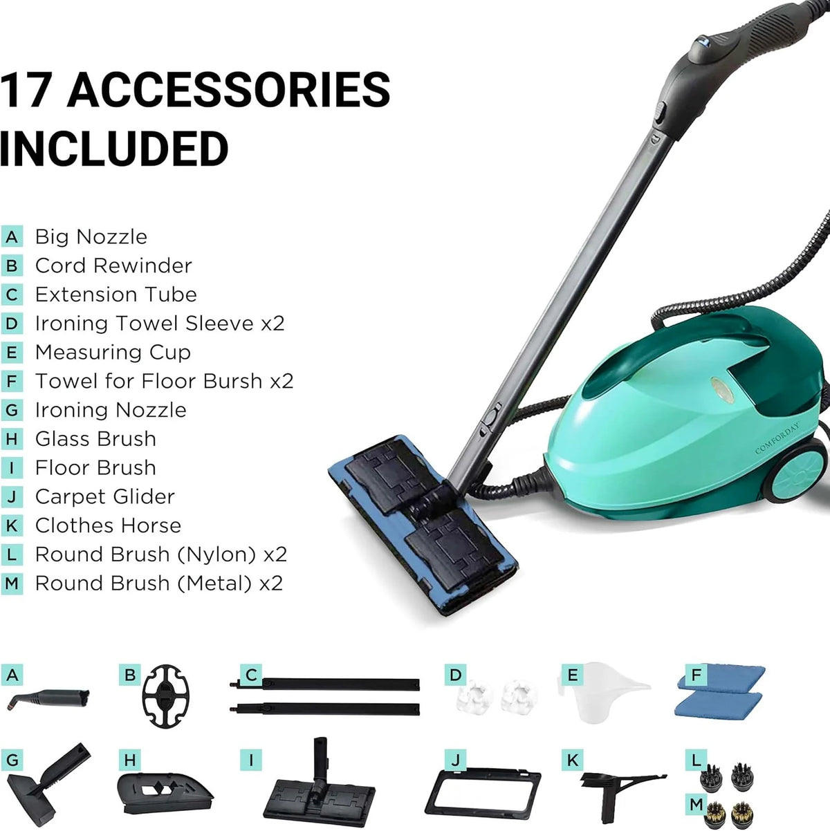 Nozzle, Separate Brushes for Ironing, Nylon, Glass, Carpet, Car, Metal, and Floor. Sleeves and Towel, Measuring Cup (Cyan)