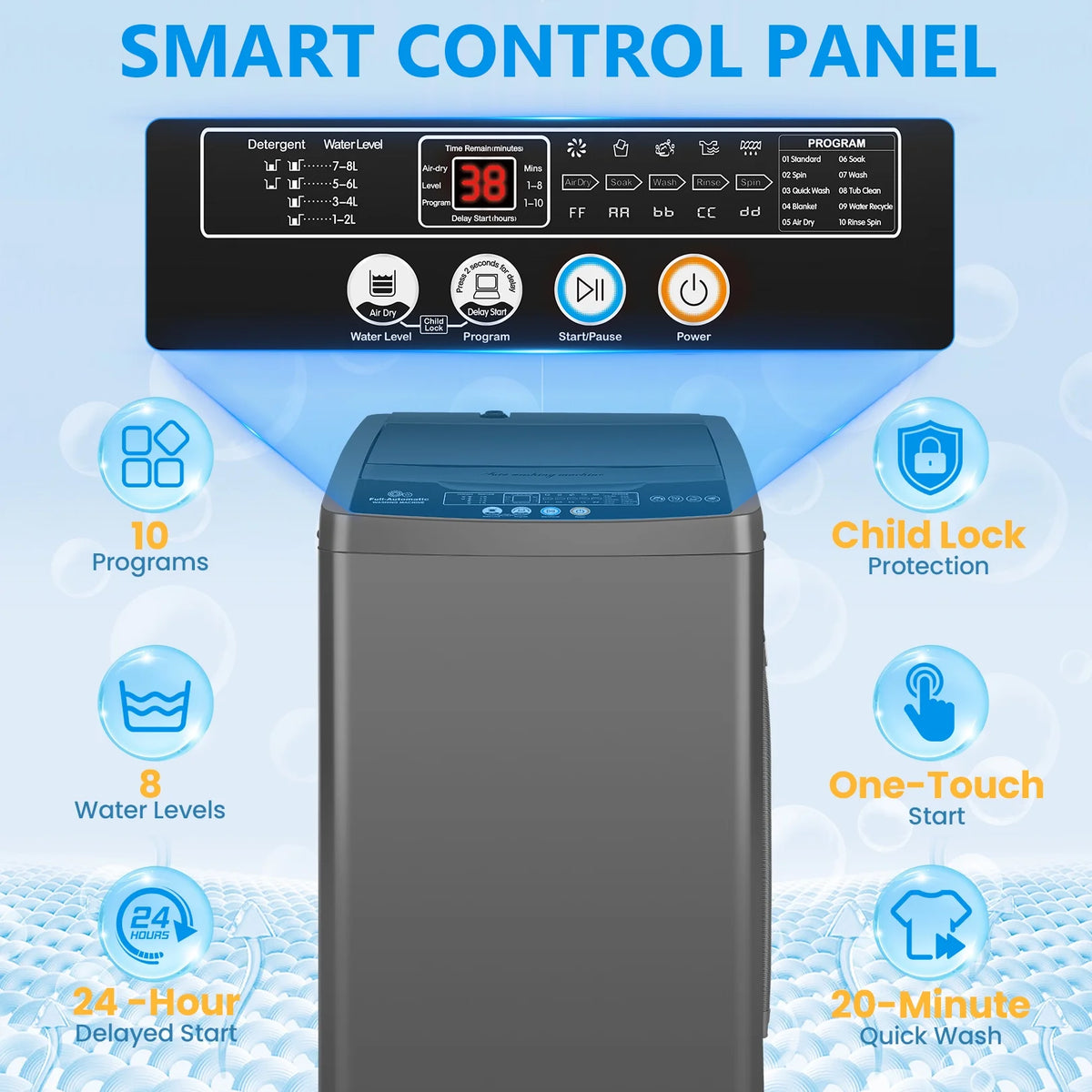 Veeboto Portable Washing Machine, 18.7Lbs Capacity Portable Washer with Drain Pump, 10 Wash Programs/8 Water Levels/LED Display, Full-Automatic Compact Laundry Washer for Apartment, Dorm, Home