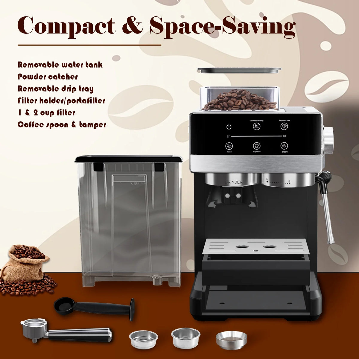 Bluebow Espresso Machine with Grinder, 20Bar Semi-Automatic Coffee Maker with Milk Frother, Professional Cappuccino Latte Machine for Home, Office