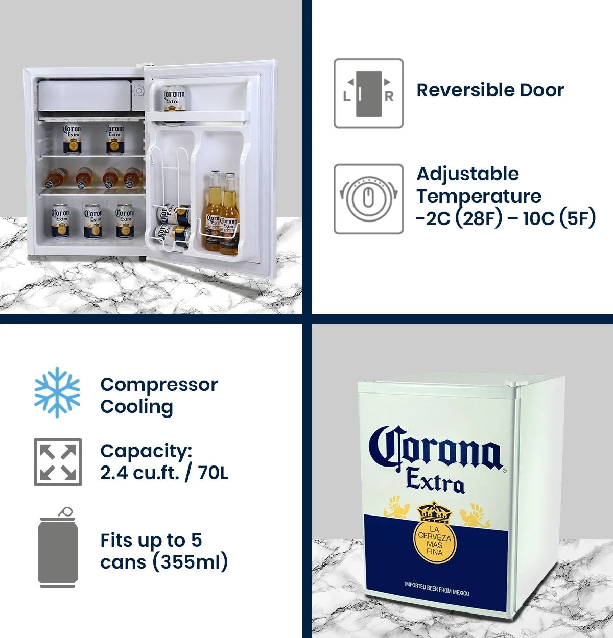 Corona Mini Beer Fridge with Freezer, 2.4 Cu. Ft, 70L Capacity White & Blue Compact Beverage Cooler