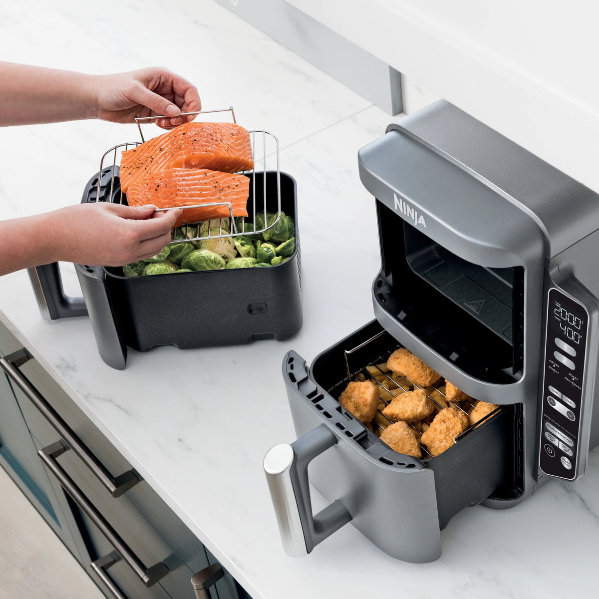 Ninja DoubleStack XL 2-Basket Air Fryer, DoubleStack Technology Cooks 4 Foods at Once, Space Saving Design, 10 QT, 4-in-1, Smart Finish & Match Cook, SL400