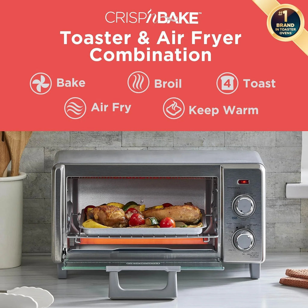 Crisp 'N Bake Air Fry Countertop Convection Toaster Oven, Medium Capacity, 4-Slice, 5-in-1, Fits 9�� Pizza, 30-Min Timer, Bake, Broil, Air Fry, Toast, Keep Warm, Stainless