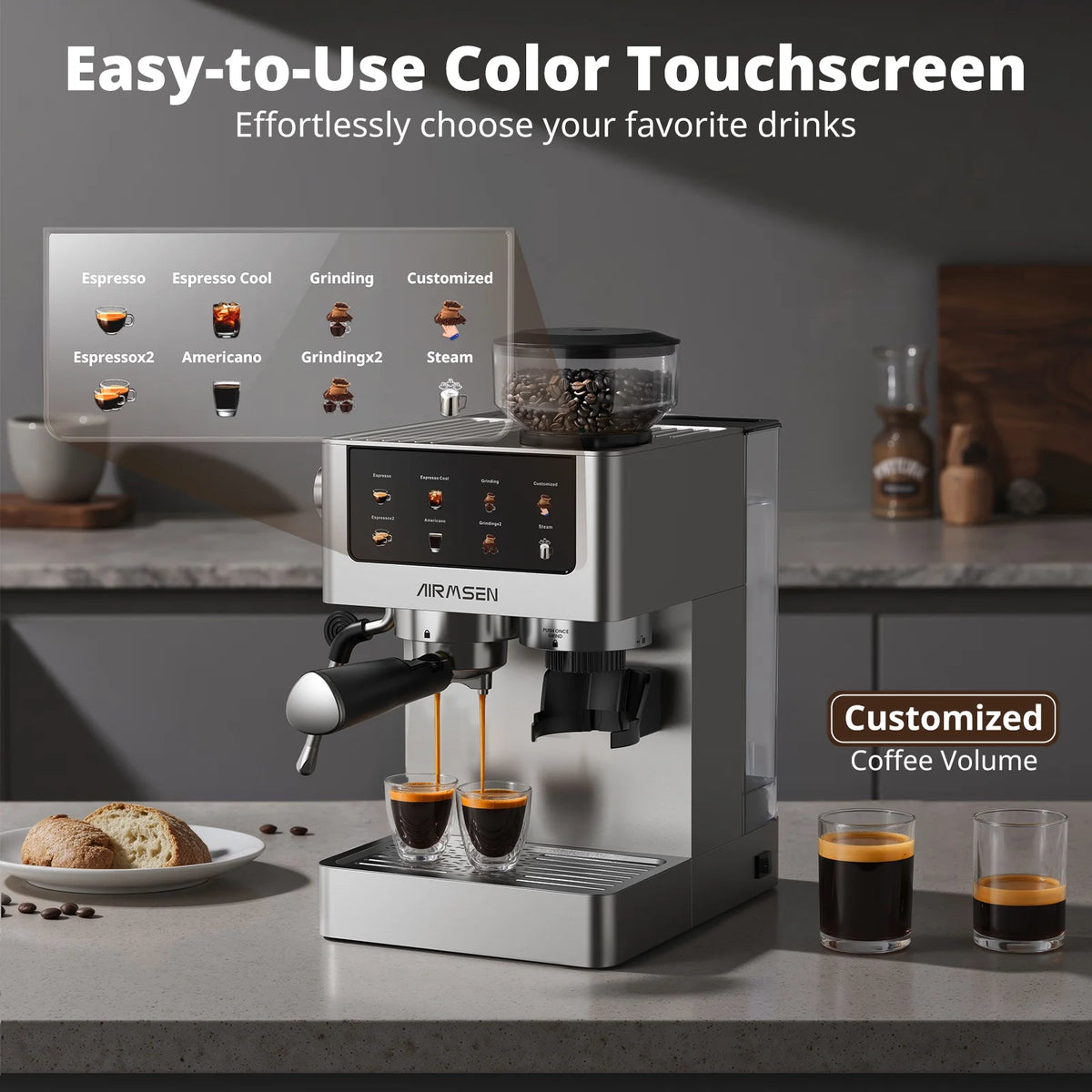 AIRMSEN Espresso Machine with Grinder, Espresso Coffee Machine with Customized Grind Amount & Coffee Volume, Cold Brew Coffee Maker for Cappuccino Latte Americano, Brushed Stainless Steel