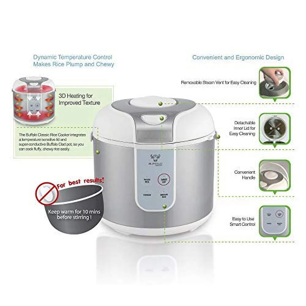 Buffalo Classic Rice Cooker with Clad Stainless Steel Inner Pot - Electric Rice Cooker for White/Brown Rice, Grain - Easy-to-clean, Non-Toxic & Non-Stick, Auto Warmer (5 Cup)