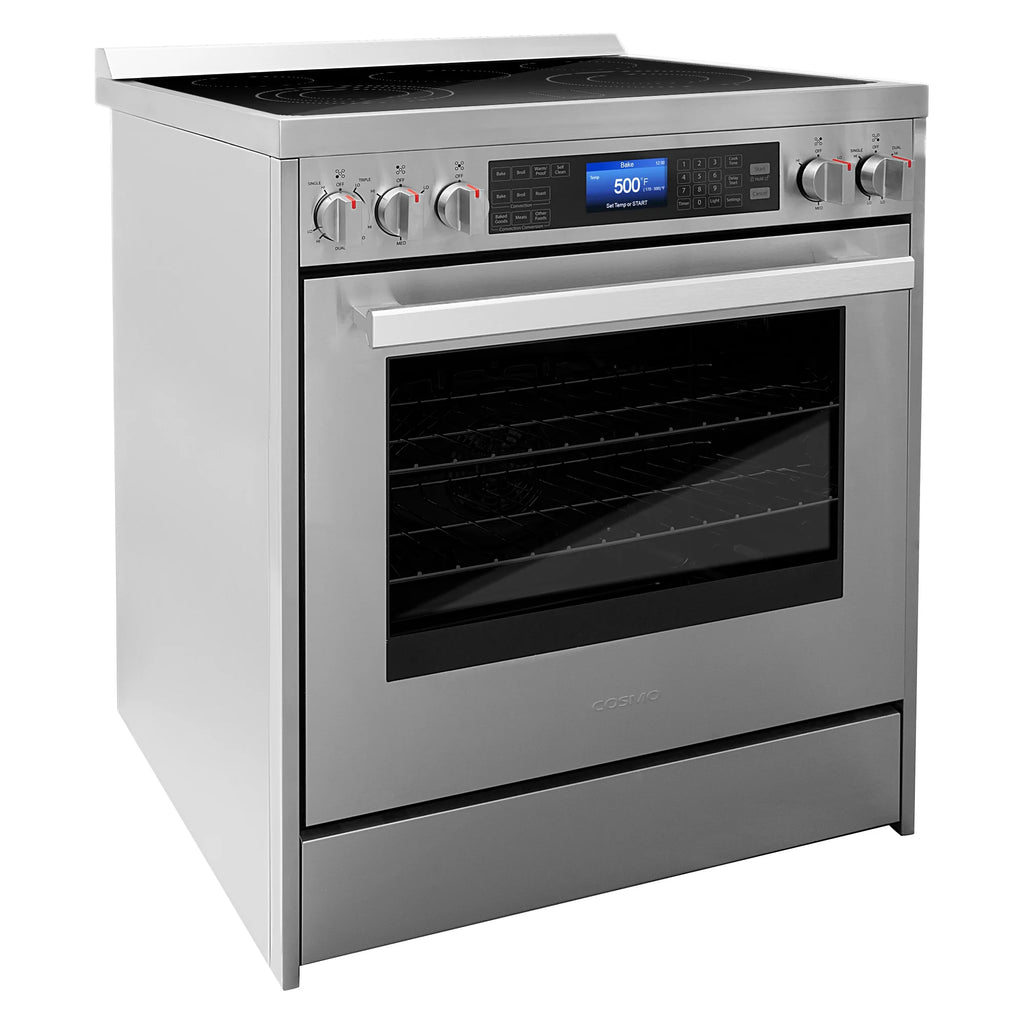 Cosmo 4 Piece Kitchen Appliance Package with 30" Freestanding Electric Range 30" Under Cabinet Range Hood 24" Built-in Integrated Dishwasher & French Door Refrigerator Kitchen Appliance Bundles