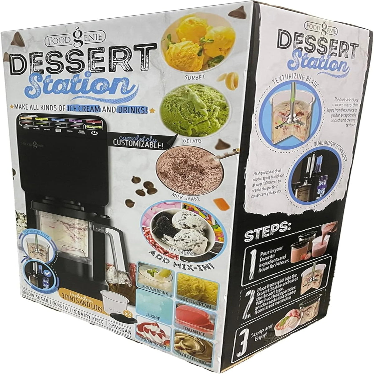 Food Genie: Dessert Station - Black - 11-In-1 Ice Cream & Frozen Treat Maker, (3) 16oz Tubs, Create Sorbet-Milkshakes-Drinks & More, Dual-Drive Motors