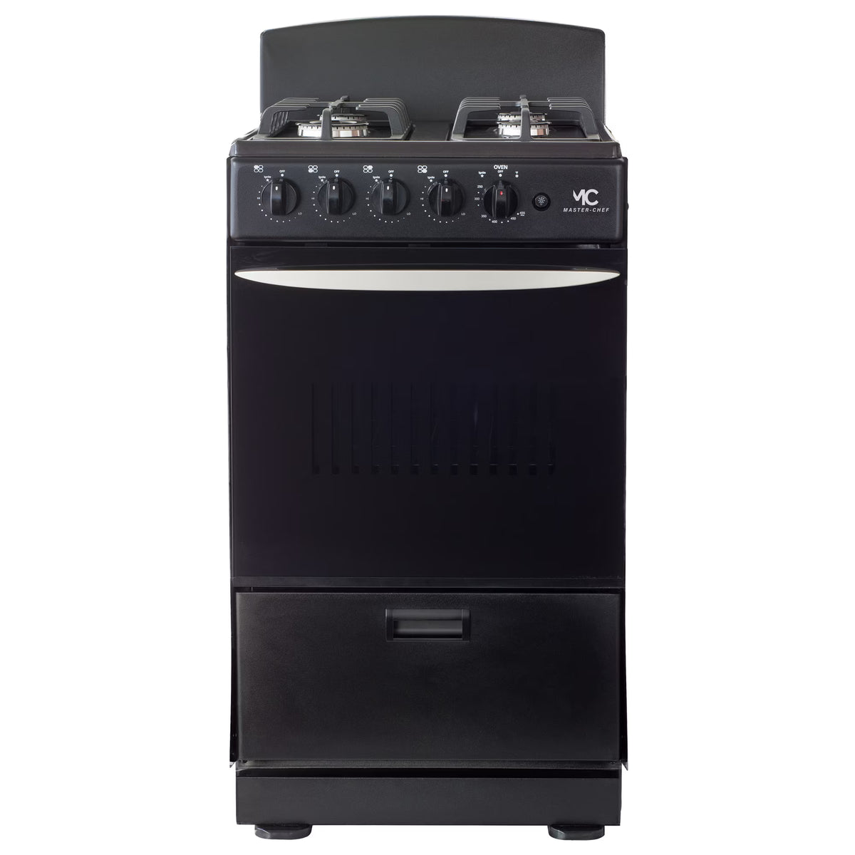 Master-Chef - 20" Black B Gas Space Saver Range with 2.4 CFT Oven Capacity - Italian SABAF Sealed Burners, 1 Ultra-Fast and 3 Fast �C Easy to Clean, Iron Grates, and Cool Knobs CSA Certified