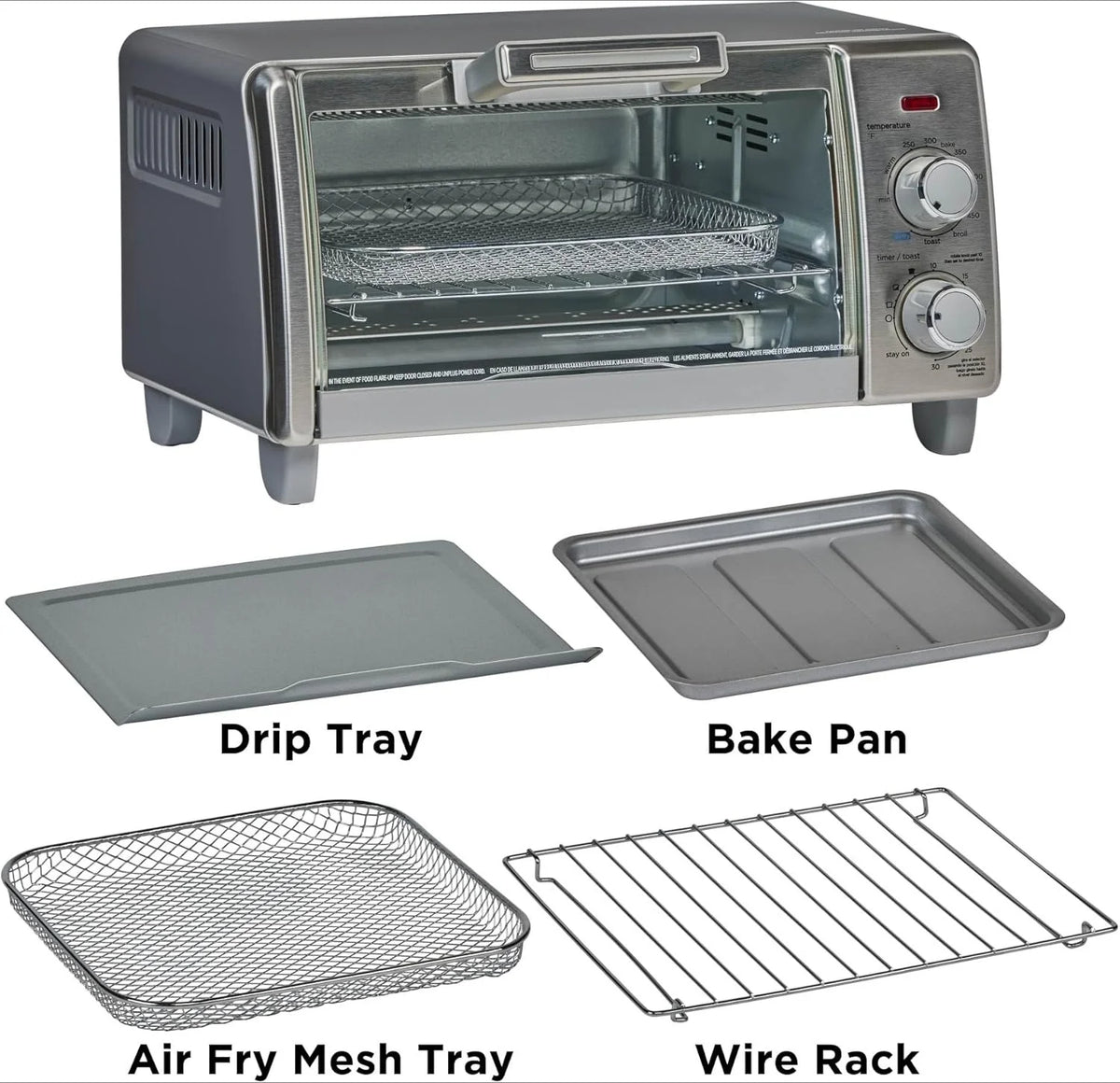 Crisp 'N Bake Air Fry Countertop Convection Toaster Oven, Medium Capacity, 4-Slice, 5-in-1, Fits 9�� Pizza, 30-Min Timer, Bake, Broil, Air Fry, Toast, Keep Warm, Stainless
