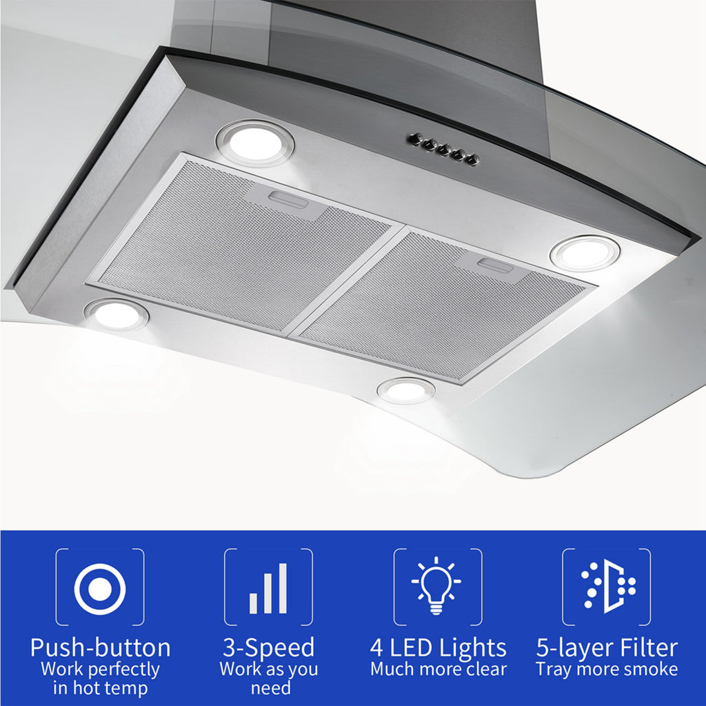 "Joeaonz 36"" Stainless Steel Island Mount Range Hood, Quiet 900CFM, 3-Speed Vent with Button Control and LED Bulb"