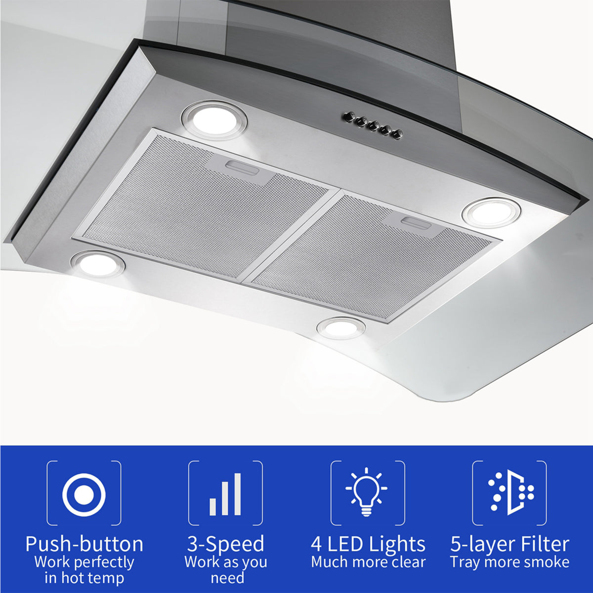 "Joeaonz 36"" Stainless Steel Island Mount Range Hood, Quiet 900CFM, 3-Speed Vent with Button Control and LED Bulb"