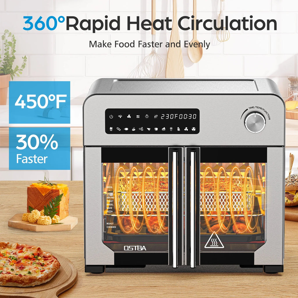 OSTBA French Door Air Fryer Toaster Oven Combo, Airfryer Convection Oven Countertop 10-in-1 Combo, 30% Faster 90% Less Oil, 102 Recipes & 7 Accessories Included 24 QT Stainless Steel