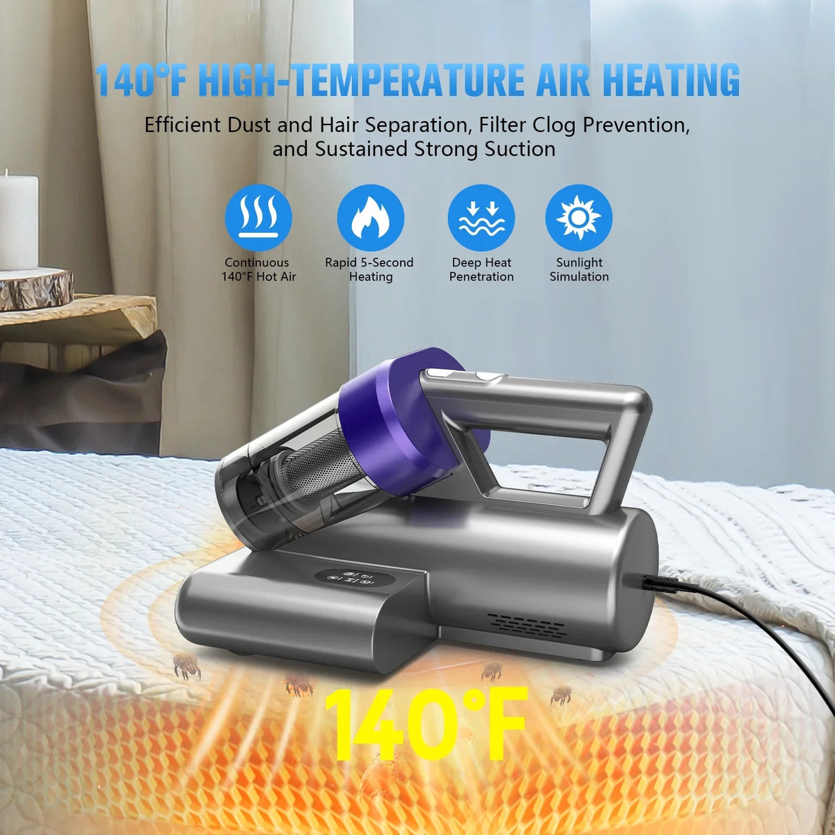ONSON 16Kpa Powerful Mattress Vacuum Cleaner with 3 Filters, 2 Speed Deep Sofa Vacuum Cleaner with Purple Light, Cordless Vacuum for Mattress, Bed