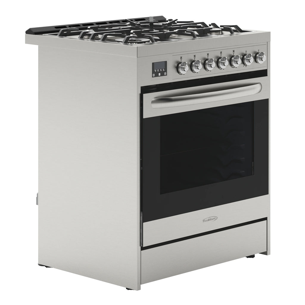 30�� Inch Professional Gas Range Stove with 5 Burner Cooktop, Rapid Convection Oven, and Digital Timer with Heavy-Duty Cast Iron Grates, Stainless-Steel Appliance, Silver