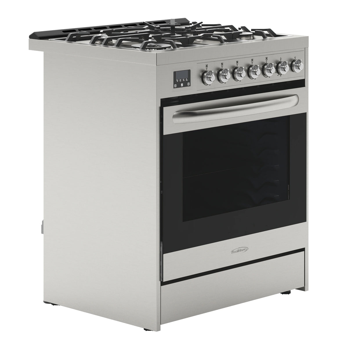 30�� Inch Professional Gas Range Stove with 5 Burner Cooktop, Rapid Convection Oven, and Digital Timer with Heavy-Duty Cast Iron Grates, Stainless-Steel Appliance, Silver