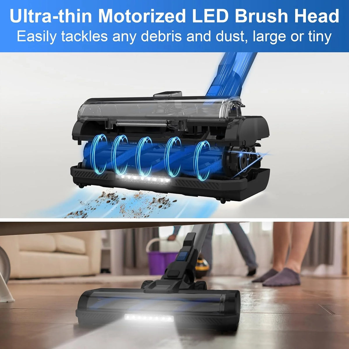 POWEART Cordless Vacuum Cleaner, 30Kpa 350W Powerful Stick Vacuum, 8 in 1 Self-Standing Rechargeable Battery Vacuum Up to 55min Runtime, Lightweight Cordless Vacuum for Pet Hair Hard Floor Carpet